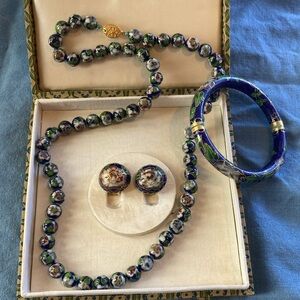 Cloisonné Beaded Lotus Necklace Bracelet Earring Set 70’s